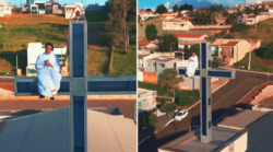 video:-padre-sobe-em-cruz-de-igreja-a-30-metros-de-altura-para-convidar-comunidade-para-festa,-no-parana
